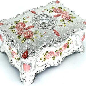 NIB. Vintage Style Metal Trinket Box. White & Silver with Roses.
